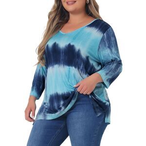 Plus Size T Shirt 3/4 Sleeve Loose Blouse Striped Tie Dye Print Tops Lake Blue
